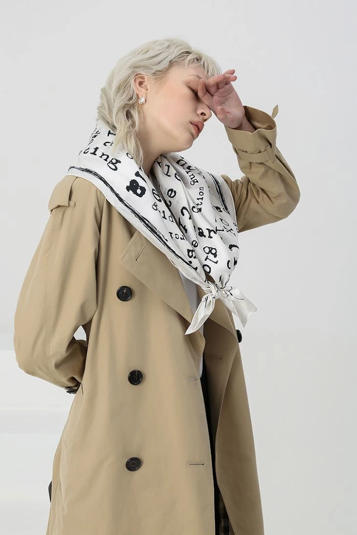 White Square Letter Pattern Silk Scarf